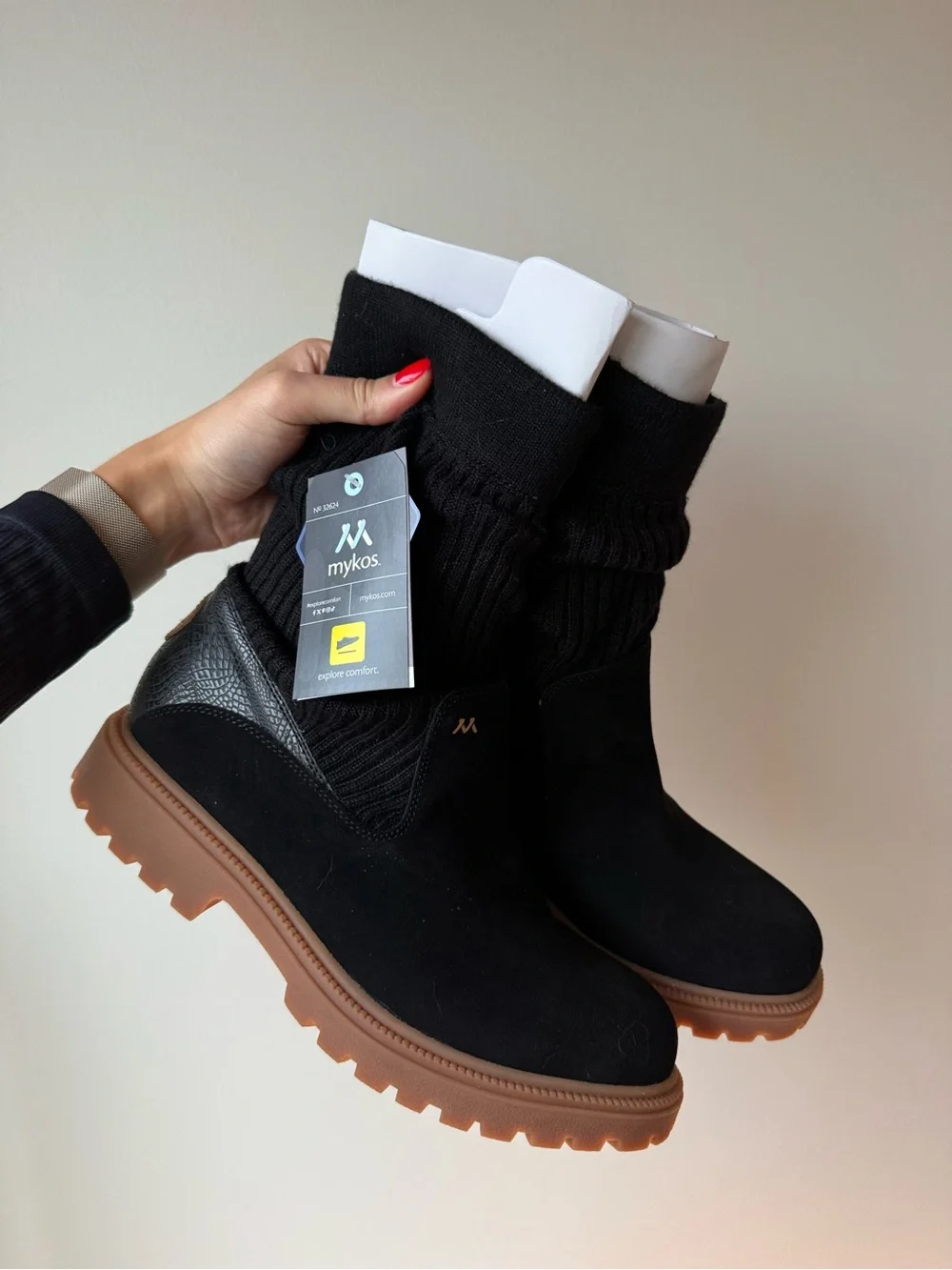 Black Suede Knit Ankle Boots with Brown Lug Sole